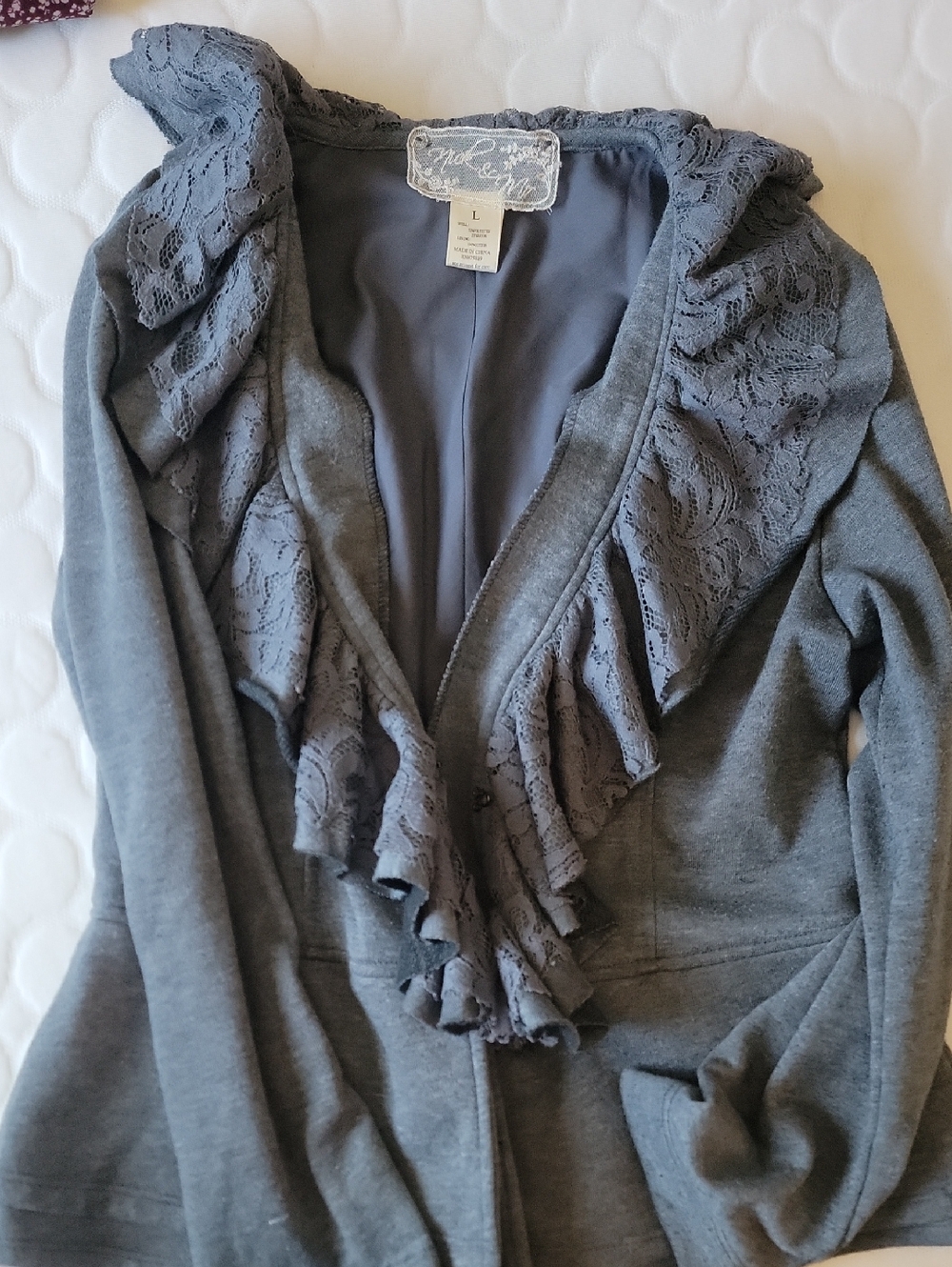 Nick & Mo Gray Lace Ruffle Open Blazer